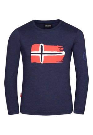 Marineblause mit langen Ärmeln und einem gemalten roten und weißen norwegischen Flaggenmotiv auf der Vorderseite. Glatte Textur; runder Ausschnitt; kleines Logo-Detail am Ärmel.
