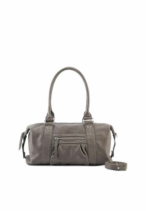 Borsa in pelle grigia con due manici, tasca frontale con zip e tracolla removibile arrotolata accanto su sfondo bianco.