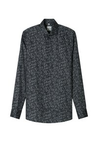 Schwarz-knöpfbares Hemd mit langen Ärmeln, das ein weißes Blumenmuster und einen kleinen Kragen aufweist. Hergestellt aus leichtem Stoff.