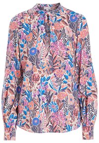 Blouse à manches longues en tissu léger avec un imprimé floral rose, bleu et violet. Elle présente un col montant et une patte de boutonnage.