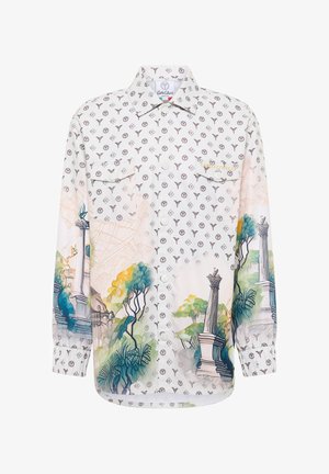 Korte mouwen overhemd met knopen in lichte stof, voorzien van een bloemen- en architectonische print, met twee borstzakken en een knoopsluiting aan de voorkant.