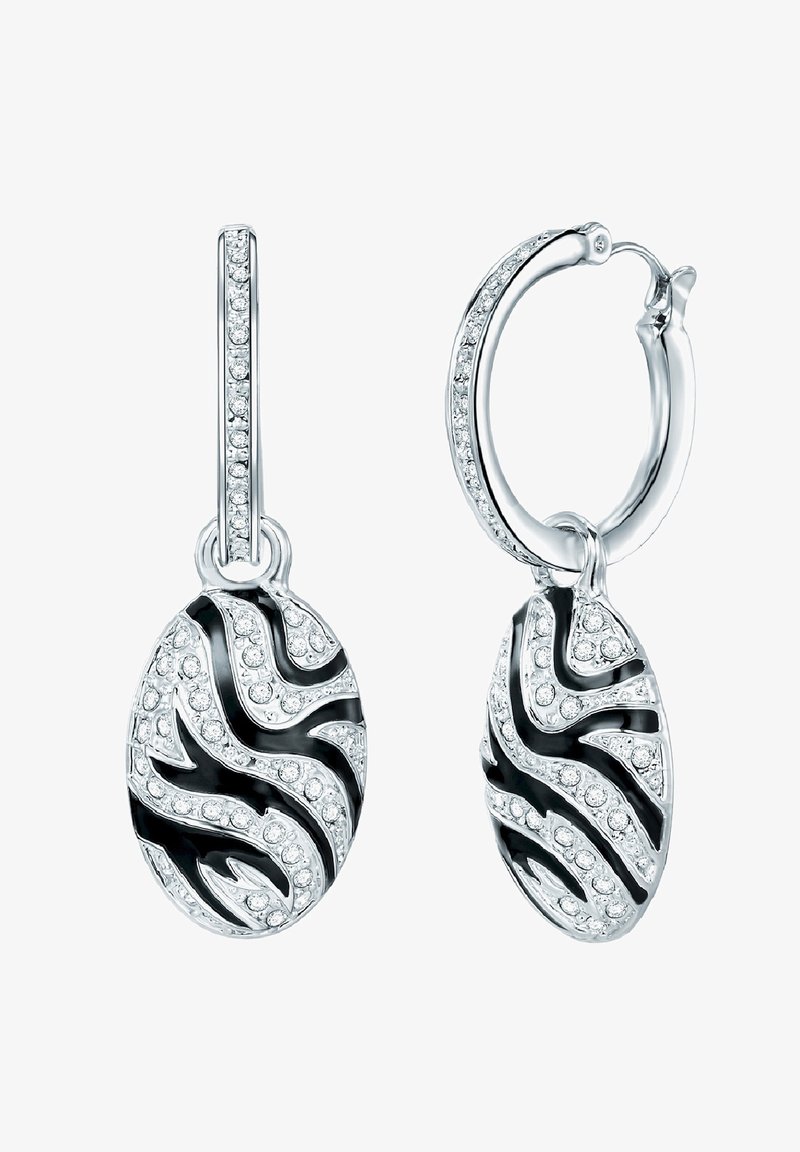 Sidabriniai auskarai su ovaliais juodais akcentais ir bangų raštais, puošti skaidriais kristalais aplink kraštus ir paviršius.