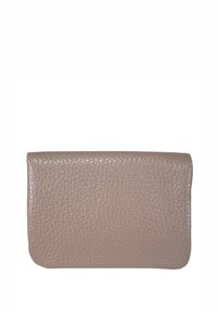 Helle beige Lederbörse mit strukturierter Oberfläche, rechteckiger Form und glattem, gefaltetem oberen Rand. Minimalistisches Design, keine sichtbaren Beschläge.