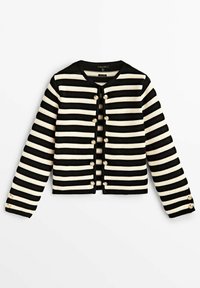 Cardigan a righe nere e crema con scollo rotondo, chiusura a bottoni e texture a coste. Presenta maniche lunghe e righe orizzontali.