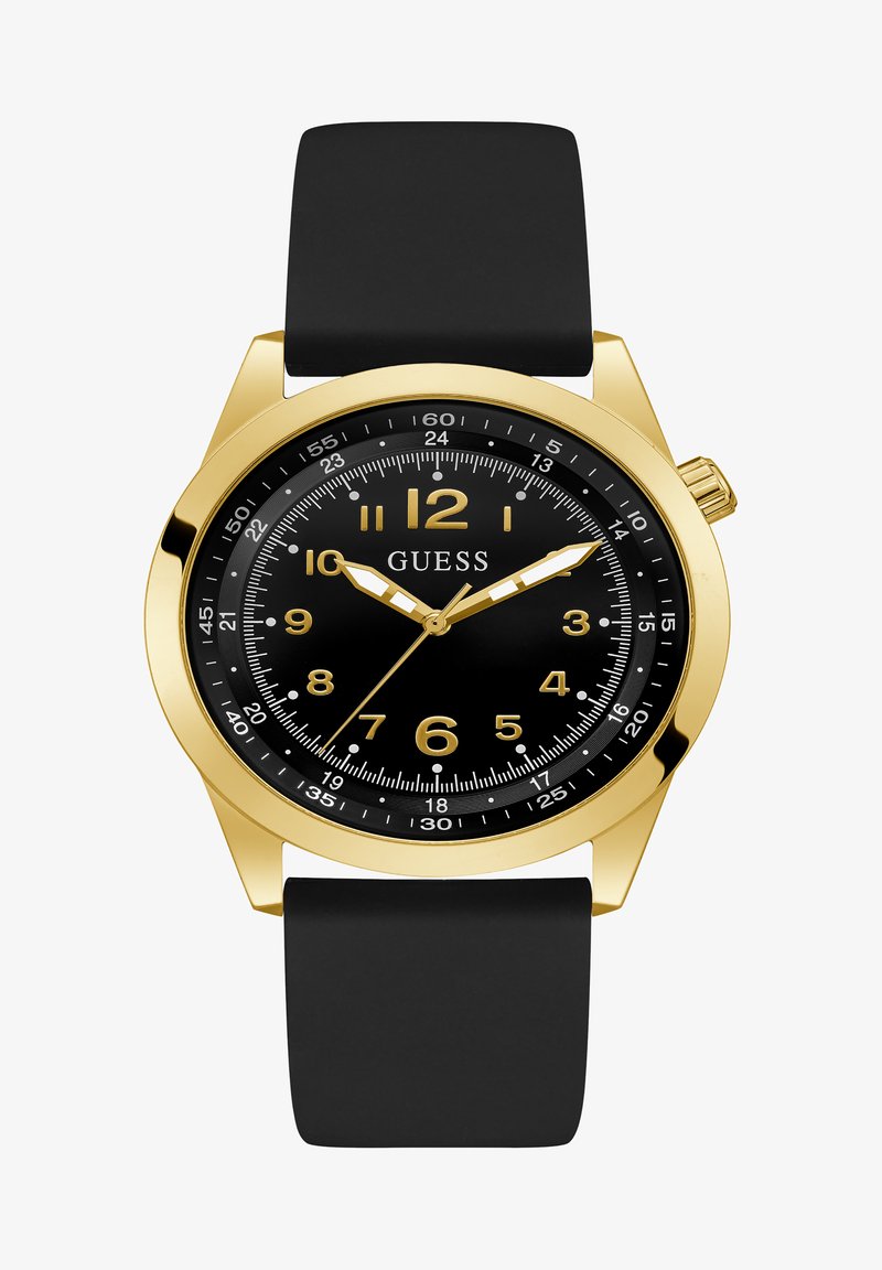 Sort analog ur med et guldfarvet urkasse. Har en sort skive, guld timeindeks og et sort silikonearmbånd. Inkluderer en datofunktion.
