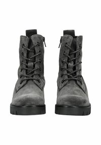 Bottes ankle en suede gris avec lacets et fermetures éclair noirs, présentant un bout rond et une semelle en caoutchouc texturée. Couture et accents subtils.