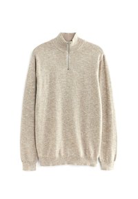 Beżowy dziergany sweter z wysokim kołnierzem i zamkiem na pół. Prążkowane mankiety i dół; teksturowana tkanina o subtelnie zróżnicowanym wzorze.