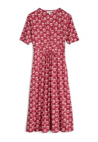 Rotes kurzärmeliges Kleid mit V-Ausschnitt, das ein blumiges Muster in Creme zeigt. Faltendes Rockdesign und weicher, strukturierter Stoff.