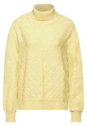 Pull en tricot jaune avec un col haut côtelé. Présente un motif de losanges texturé et des poignets et un ourlet côtelés.