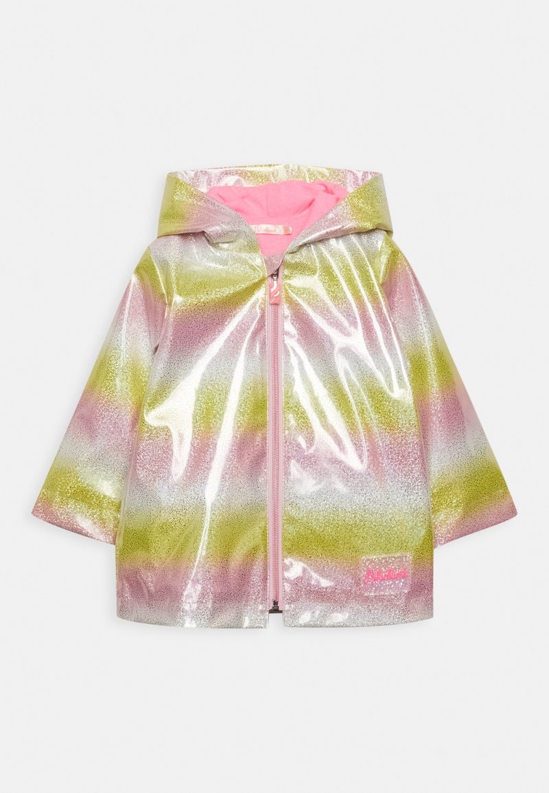 Gennemsigtig regnjakke med hætte, der har et gradientmønster i pink, grøn og gul, pink lynlås og detalje med stoffets logo.