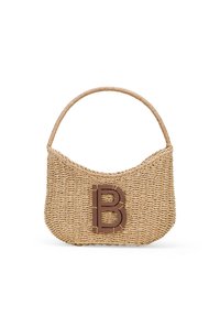 Borsa in paglia intrecciata con un'unica maniglia, di colore beige, con un prominente logo 'B' marrone sul davanti. Texture liscia e forma curvilinea.