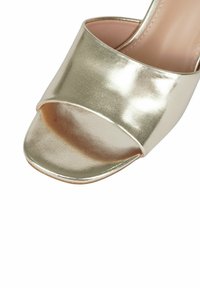 Sandal in metallo dorato con punta aperta, dotata di una larga fascia e un design leggermente curvato. Texture liscia con un interno foderato di rosa e tacco basso.