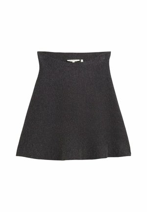 Une jupe évasée, de couleur gris foncé, en tissu doux, avec une taille haute et une texture lisse, sans motifs ni matériel visible.