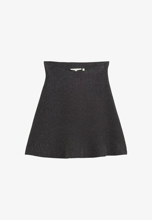 Une jupe évasée, de couleur gris foncé, en tissu doux, avec une taille haute et une texture lisse, sans motifs ni matériel visible.