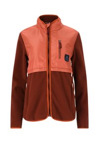 Rode en oranje jas met een rits aan de voorkant, fleece textuur, gladde bovenkant, hoge kraag en een borstzak met rits. Bevat contrasterende accenten.