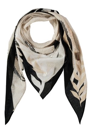 Foulard triangulaire beige clair, noir et blanc avec des motifs abstraits de feuilles et de points, plié avec des extrémités pointues pendantes.