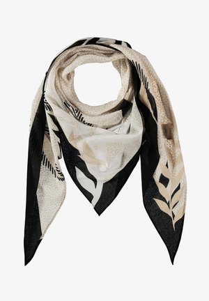 Jasnobeżowy, czarny i biały trójkątny szalik z abstrakcyjnymi wzorami liści i kropek, złożony z podwieszonymi ostrymi końcami.