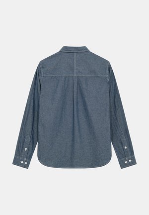 Camicia in denim a maniche lunghe di colore blu scuro, con colletto classico, polsini con bottoni e piega sul retro per maggiore comfort e libertà di movimento.