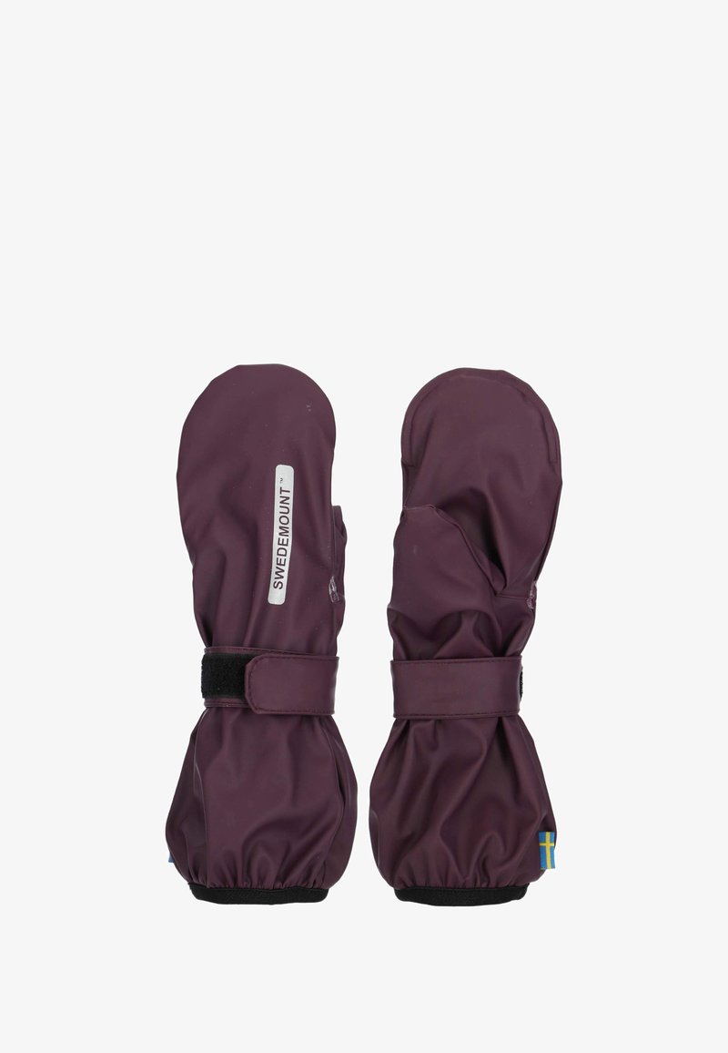 Wanten van donkerpaars waterdicht materiaal met verstelbare klittenbandsluitingen. Voorzien van elastische manchetten en een klein accent van de Zweedse vlag.