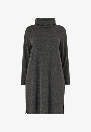 Kraagjurk in donkergrijs, gemaakt van zachte stof. Heeft lange mouwen en zijsplitten voor bewegingsgemak. Eenvoudig, ontspannen ontwerp.