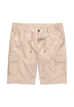 Beżowe szorty cargo z elastycznym pasem, zaciągnięciem na sznurki, dwiema kieszeniami bocznymi oraz dwiema kieszeniami cargo na udach. Gładka faktura materiału.