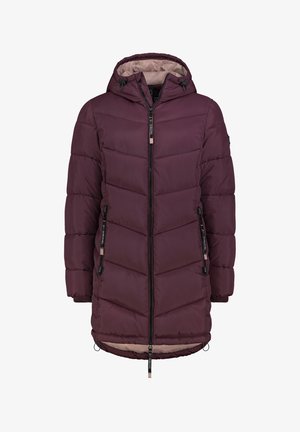 Bordeauxfarbene Steppjacke mit Kapuze, Reißverschluss vorne, elastischen Bündchen und Seitentaschen. Verfügt über Chevron-Steppung und ein kontrastierendes Innenfutter.