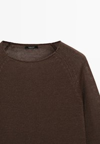 Pull marron tricoté à manches longues avec encolure ronde et motif texturé subtil sur les épaules, étiqueté Massimo Dutti.