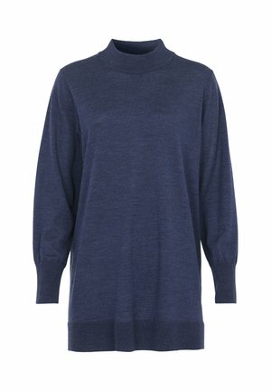 Pitkähihainen, tummansininen neulepusero, jossa on ribattu korkea kaulus, hihansuut ja helma, esillä yksinkertaisella valkoisella taustalla.