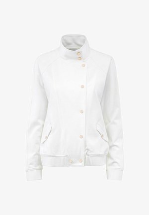 Biała kurtka z wysokim kołnierzem, zapięciem na napy i dwoma bocznymi kieszeniami; wykonana z gładkiego materiału, o luźnym kroju i ściągaczach przy mankietach.