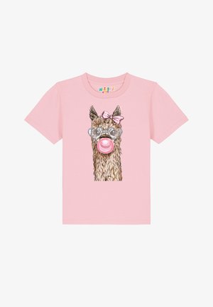 Helles rosa Baumwoll-T-Shirt mit einer Lama-Illustration, das Herzbrille trägt und einen pinken Kaugummiballon hat, verziert mit einer gepunkteten Schleife.