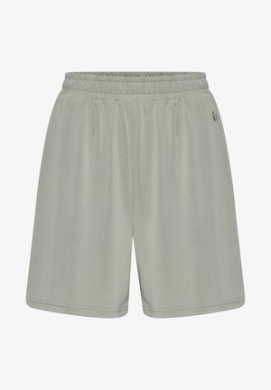Shorts atletici gri deschis, cu un talie elastică, textură netedă, lungime până la genunchi și detaliu subtil cu logo pe lateral.
