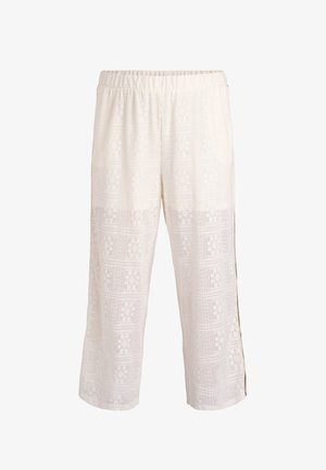 Bílé zkrácené kalhoty s elastickým pasem a jemným čtvercovým květinovým vzorem z krajky, s tenkým černým proužkem po straně.