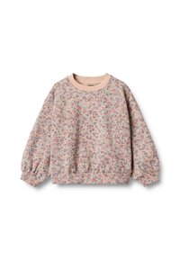 Blumen Sweatshirt, rosa Kragen und Bündchen, weicher Stoff, oversized Silhouette, mit kleinen blauen und roten Blumen auf einem hellen Hintergrund.