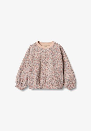 Felpa floreale, colletto e polsini rosa, tessuto morbido, silhouette over-size, caratterizzata da piccoli fiori blu e rossi su uno sfondo chiaro.