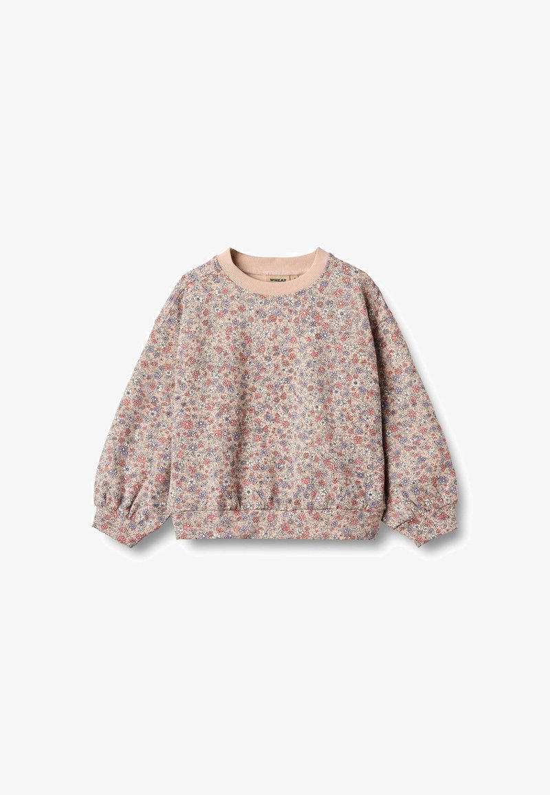 Ziedu sporta krekls, rozā apkakle un aproces, mīksts audums, pārspīlēts siluets, ar maziem ziliem un sarkaniem ziediem uz gaiša fona.