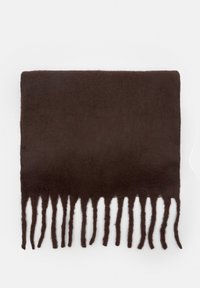 Écharpe en laine brun foncé au toucher doux, de forme rectangulaire et avec des bords frangés. Le tissu semble épais et confortable.