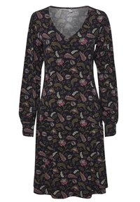Schwarzes langärmeliges Kleid mit V-Ausschnitt, das ein florales Muster in Pink, Grün und Weiß aufweist. Hergestellt aus weichem, strukturiertem Stoff.