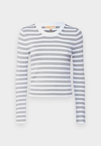 Top a maniche lunghe a righe grigio e bianco, realizzato in tessuto a costine. Collo rotondo con bordo bianco solido, silhouette aderente, materiale elastico.