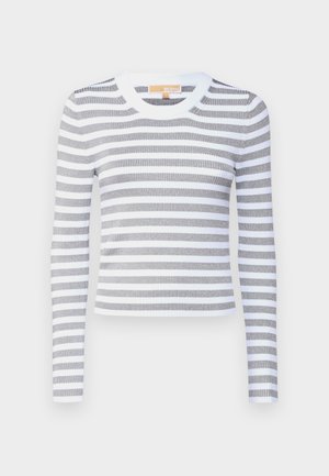 Top a maniche lunghe a righe grigio e bianco, realizzato in tessuto a costine. Collo rotondo con bordo bianco solido, silhouette aderente, materiale elastico.