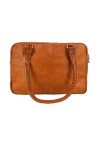 Skórzana torba na laptopa w kolorze brązowym, z dwoma zaokrąglonymi uchwytami, zamek błyskawiczny oraz minimalnymi detalami ściegów. Gładka faktura, prostokątny kształt, prosta konstrukcja.