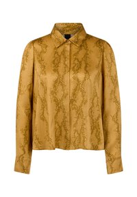 Long-sleeved shirt in yellow satin with a green snake print pattern, featuring a collar and button closure. Smooth texture with a relaxed fit.