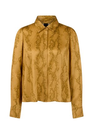 Long-sleeved shirt in yellow satin with a green snake print pattern, featuring a collar and button closure. Smooth texture with a relaxed fit.