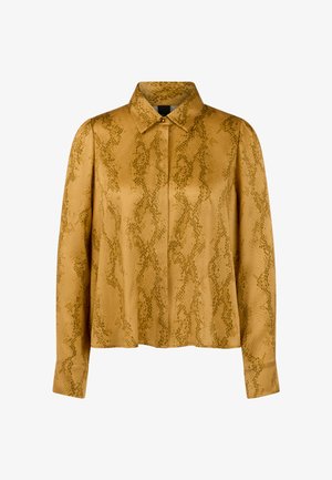 Long-sleeved shirt in yellow satin with a green snake print pattern, featuring a collar and button closure. Smooth texture with a relaxed fit.