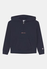 Felpa con cappuccio blu navy, con colletto a mezza zip, tasca frontale e logo ricamato in rosa. Tessuto morbido con polsini a costine.
