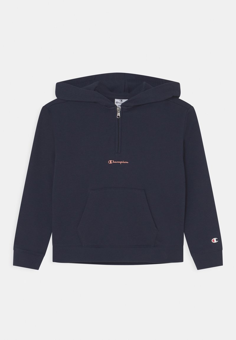 Felpa con cappuccio blu navy, con colletto a mezza zip, tasca frontale e logo ricamato in rosa. Tessuto morbido con polsini a costine.