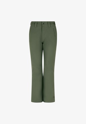 Olivgrüne Outdoor-Hosen mit geradem Schnitt, aus leichtem Stoff. Verfügt über Gürtelschlaufen, einen Reißverschluss und minimale Branding an der Seite.