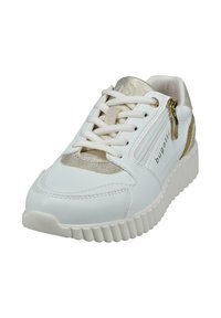 Weiße Sneaker mit Obermaterial aus glattem Leder, goldenen Akzenten, einem strukturierten Zungenbereich und einem seitlichen Reißverschluss für einfachen Zugang. Dicke, gerippte Sohle.