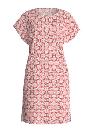 Short-sleeve dress in coral with a white floral pattern, featuring a relaxed fit, round neckline, and side slits for ease of movement.