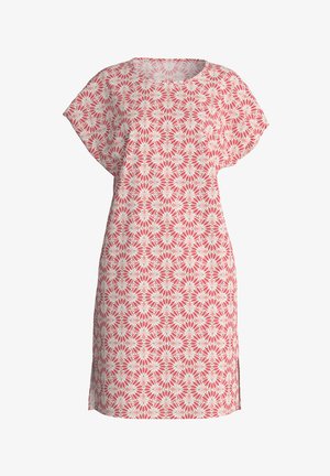 Vestito a maniche corte color corallo con motivo floreale bianco, presentante una vestibilità comoda, scollo rotondo e spacchi laterali per facilitare i movimenti.