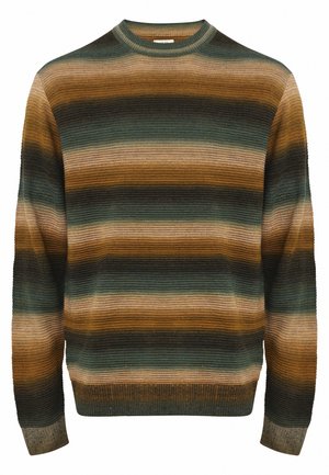 Pull rayé dans des nuances de vert, marron et beige. Présente une texture côtelée, un col rond et des manches longues avec un bord ajusté.